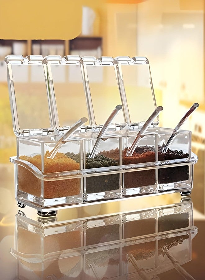 Jinila Crystal Spice Rack Seasoning Storage Box Acrylic Clear Spice Jar 4 Box with Spoons Container for Spice, Salt, Sugar, Mukhvas (Set of 4, Transparent) - Image 1