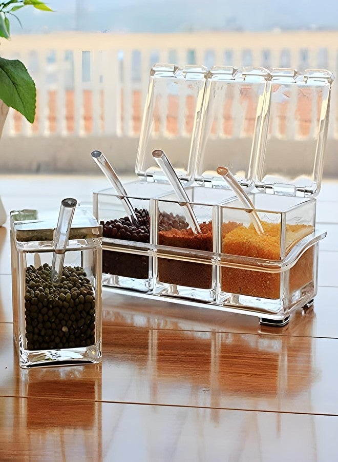 Jinila Crystal Spice Rack Seasoning Storage Box Acrylic Clear Spice Jar 4 Box with Spoons Container for Spice, Salt, Sugar, Mukhvas (Set of 4, Transparent) - Image 2