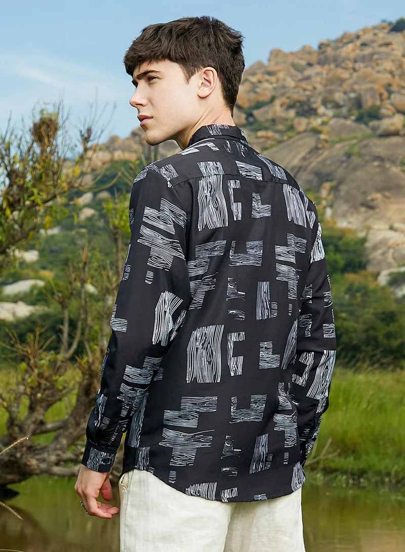 Campus Sutra Men's Midnight Black Timber Lines Shirt