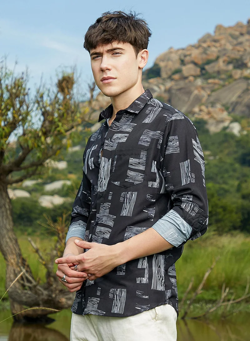 Campus Sutra Men's Midnight Black Timber Lines Shirt