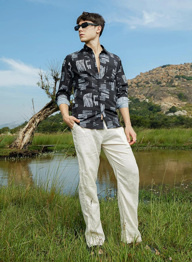 Campus Sutra Men's Midnight Black Timber Lines Shirt