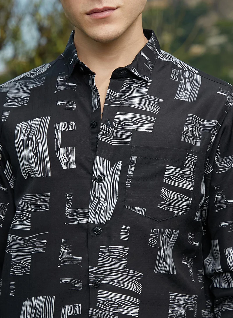 Campus Sutra Men's Midnight Black Timber Lines Shirt