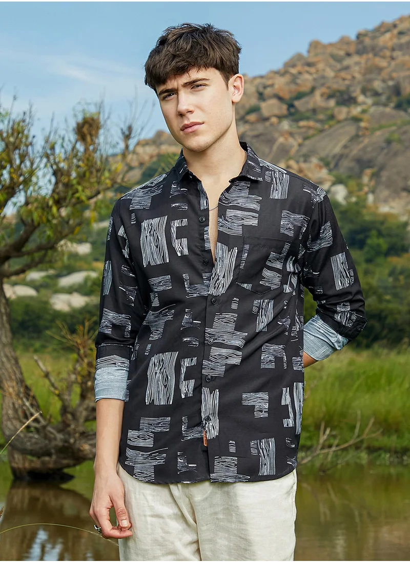 Campus Sutra Men's Midnight Black Timber Lines Shirt