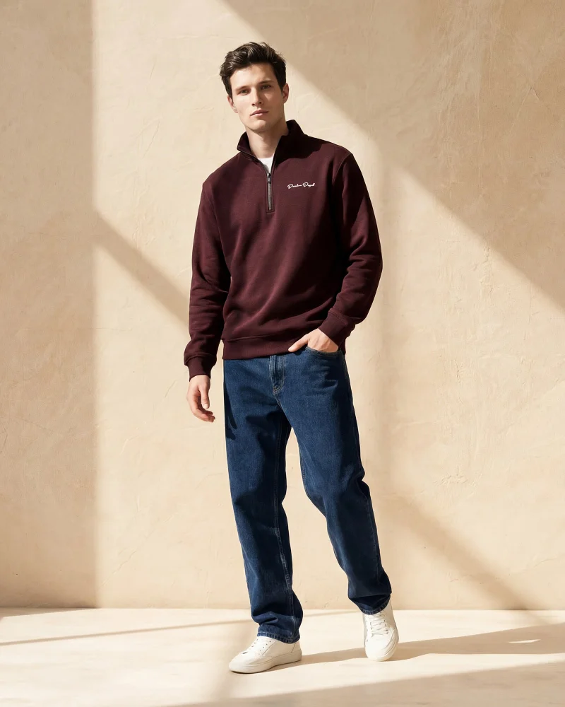 Redtag Men Burgundy Half Zip Turtle Neck Sweatshirt