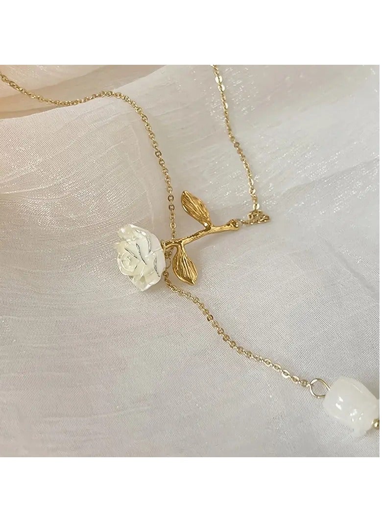 هوم كليرانس سايل 1pc Nooxian أنيقة على الطراز الفرنسي وردة قلادة قلادة نسائية ، 18 كيلومتر من الفولاذ المقاوم للصدأ مطلي بالذهب مع سحر زهرة الراتنج ، سلسلة الترقوة اليومية ومناسبات الزفاف ، مجوهرات الزهور الرومانسية لجميع المواسم - Image 4