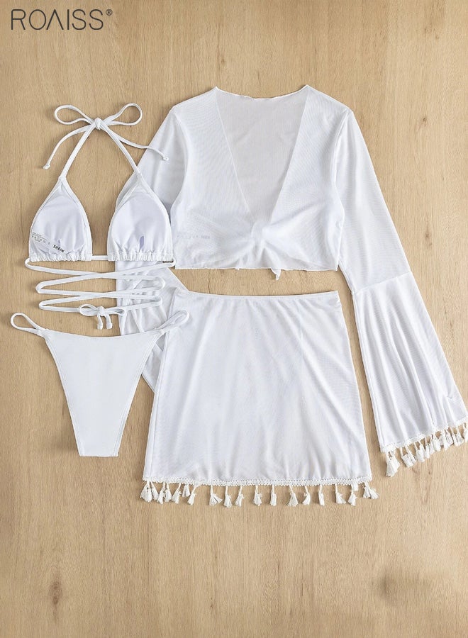 roaiss 4-Piece Women's Bikini Swimsuit Chiffon Tassel Sun Protection Shirt Split Short Skirt Fine Strap Buckle Design Bra Bikini - Image 4