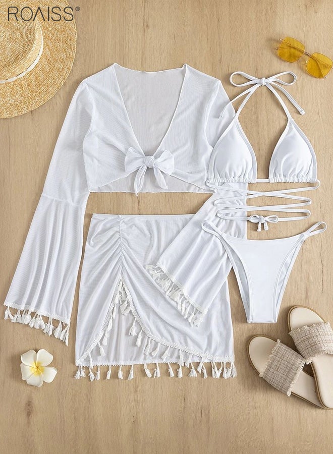 roaiss 4-Piece Women's Bikini Swimsuit Chiffon Tassel Sun Protection Shirt Split Short Skirt Fine Strap Buckle Design Bra Bikini - Image 1