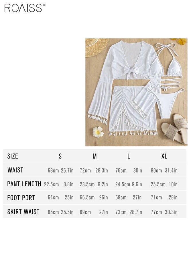 roaiss 4-Piece Women's Bikini Swimsuit Chiffon Tassel Sun Protection Shirt Split Short Skirt Fine Strap Buckle Design Bra Bikini - Image 5