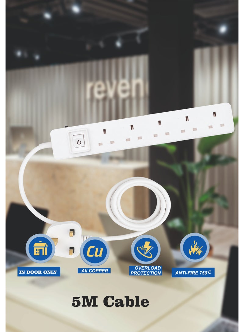 MOVAL Power Extension Cord 5m | 5 Socket Power Strip | Heavy Duty Extension Lead | Multi Plug Extension Cable for Home & Office - Image 4