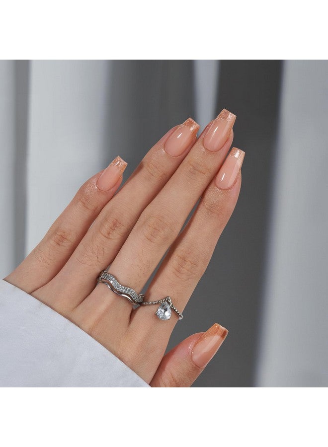 بي تي آرت بوكس أظافر صناعية من BTArtbox Coffin - أظافر صناعية قصيرة باللون الوردي الذهبي للنساء، أطراف أظافر على شكل عين القطة، أظافر صناعية لامعة مع غراء، أظافر لاصقة في 16 مقاسًا - مجموعة أظافر مكونة من 30 قطعة، غبار ذهبي - Image 4