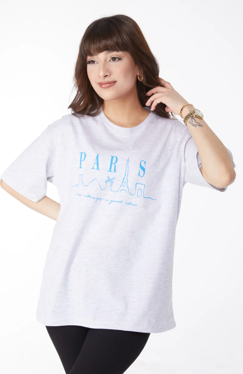 Tofisa Plain Crew Neck Women's Gray Printed T-Shirt - 25170