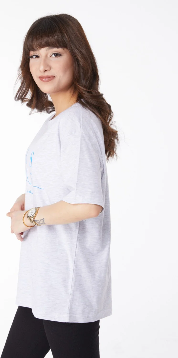 Tofisa Plain Crew Neck Women's Gray Printed T-Shirt - 25170