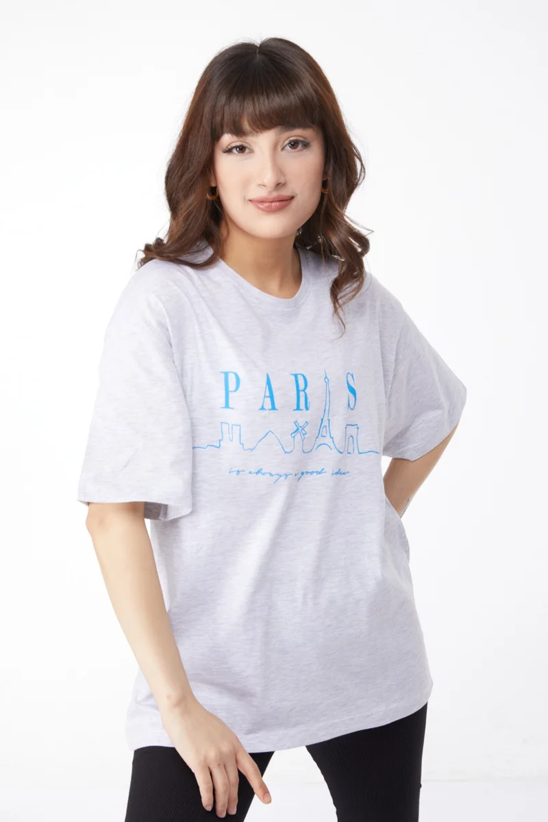 Tofisa Plain Crew Neck Women's Gray Printed T-Shirt - 25170