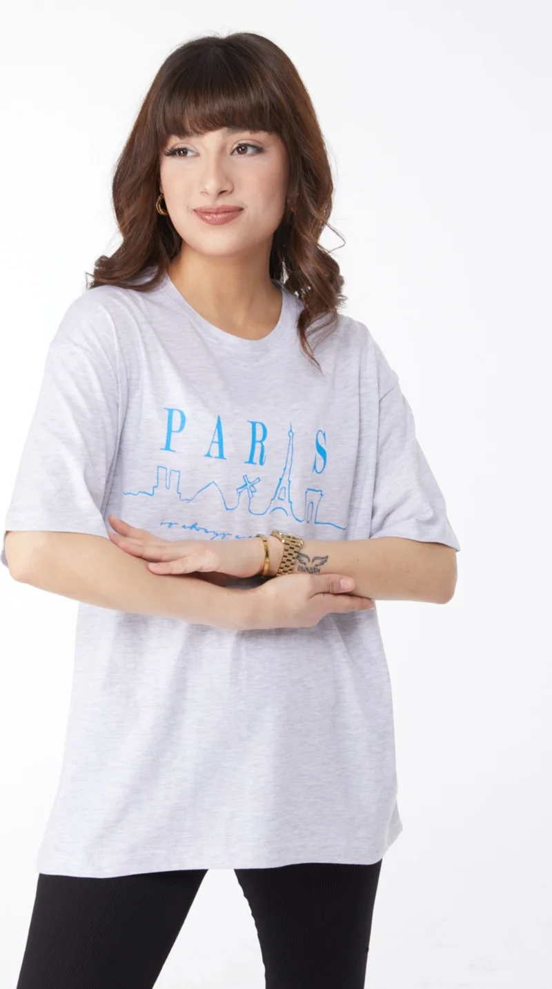 Tofisa Plain Crew Neck Women's Gray Printed T-Shirt - 25170