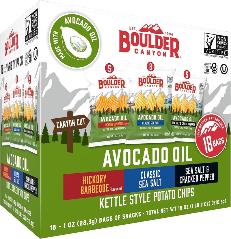 Boulder Canyon Avocado Oil Kettle Style Potato Chips Variety Pack - 18 Count, Gluten-Free, Non-GMO, Hickory Barbecue, Classic Sea Salt, Sea Salt & Cracked Pepper - Image 1