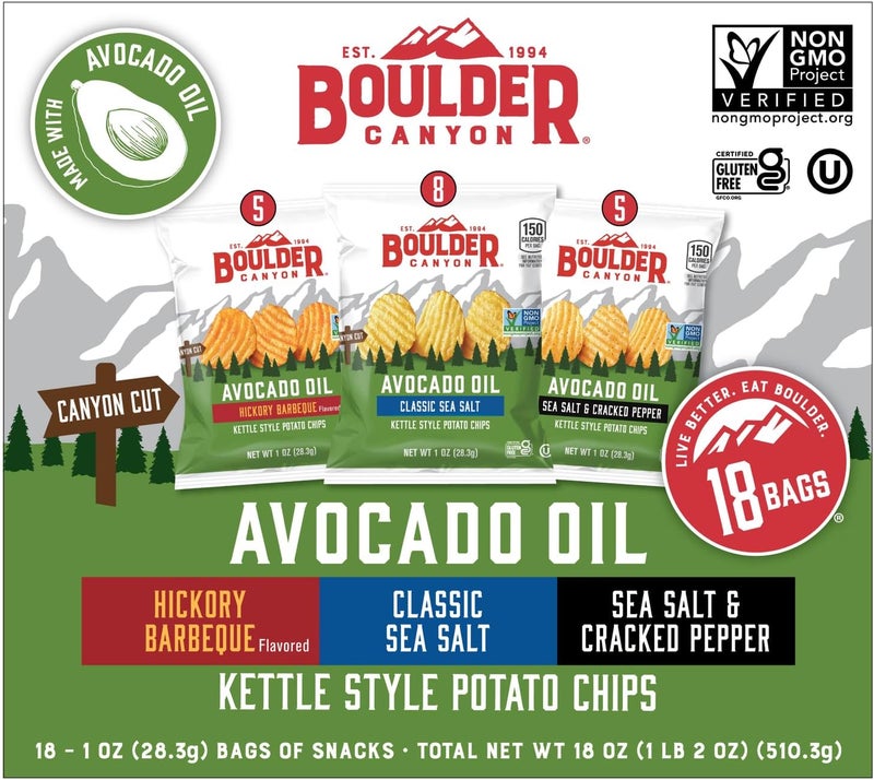 Boulder Canyon Avocado Oil Kettle Style Potato Chips Variety Pack - 18 Count, Gluten-Free, Non-GMO, Hickory Barbecue, Classic Sea Salt, Sea Salt & Cracked Pepper - Image 3