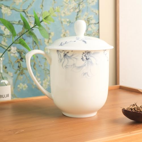 SILINE Fine Bone China Tea Cup with Lid 12 Oz,Jingdezhen White Porcelain Mug for Office Home (Blue and White) - Image 4