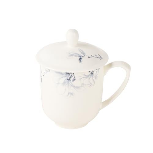 SILINE Fine Bone China Tea Cup with Lid 12 Oz,Jingdezhen White Porcelain Mug for Office Home (Blue and White) - Image 2