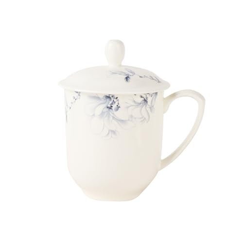 SILINE Fine Bone China Tea Cup with Lid 12 Oz,Jingdezhen White Porcelain Mug for Office Home (Blue and White) - Image 1