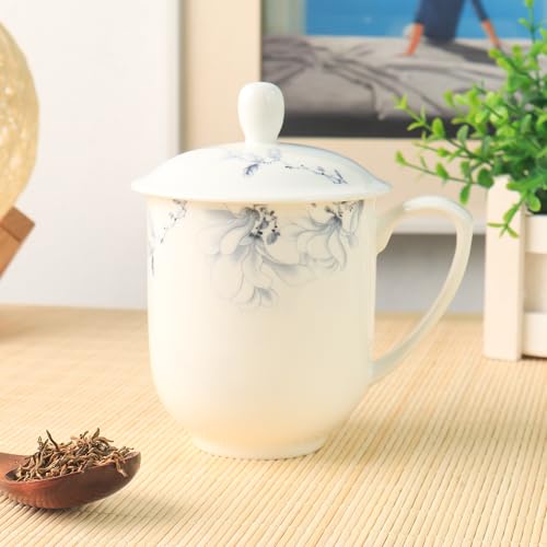 SILINE Fine Bone China Tea Cup with Lid 12 Oz,Jingdezhen White Porcelain Mug for Office Home (Blue and White) - Image 3