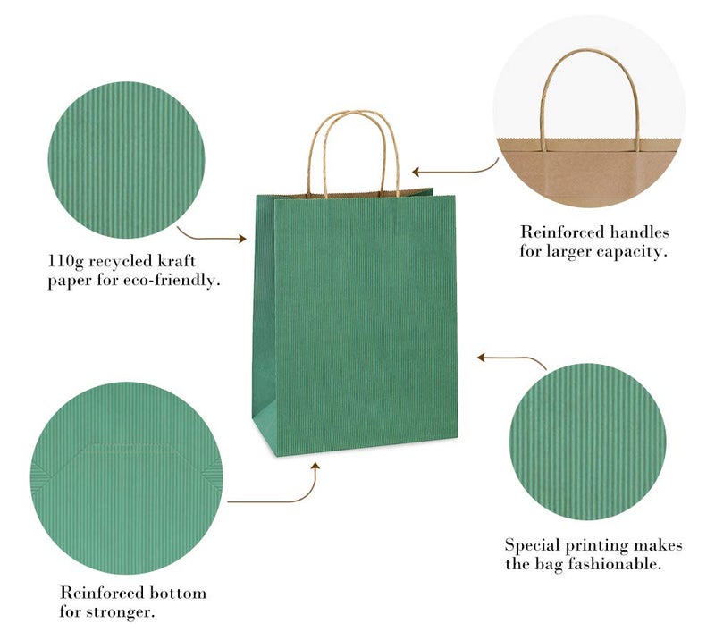 BagDream 25Pcs Gift Bags 8x4.25x10.5 Kraft Paper for Gifts, Shopping Retail Merchandise Grocery Sacks, Green Stripes Paper Bags with Handles Bulk Medium - Image 5