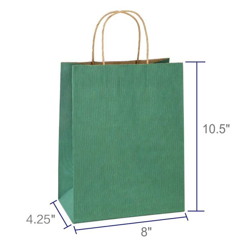 BagDream 25Pcs Gift Bags 8x4.25x10.5 Kraft Paper for Gifts, Shopping Retail Merchandise Grocery Sacks, Green Stripes Paper Bags with Handles Bulk Medium - Image 2