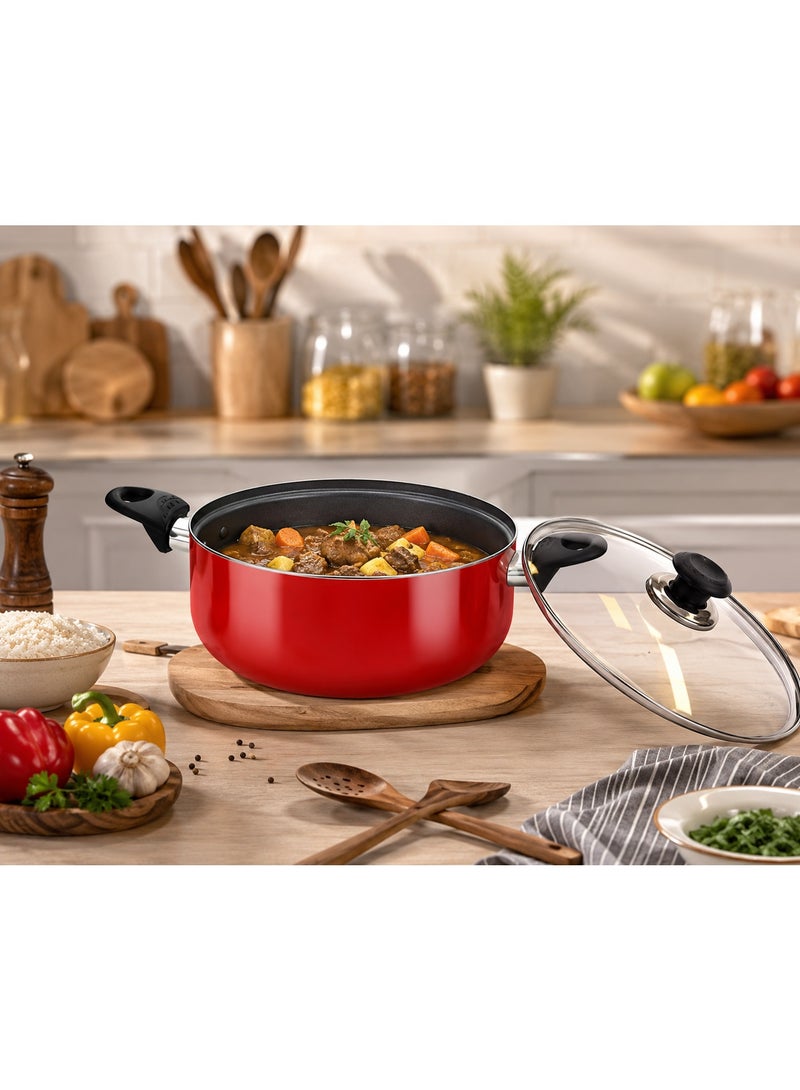 Bisbell Eco Cooking Pot 24cm with Tempered Glass Lid Non-Stick Deep Casserole Pot Heat Resistant Handles Red - Image 1