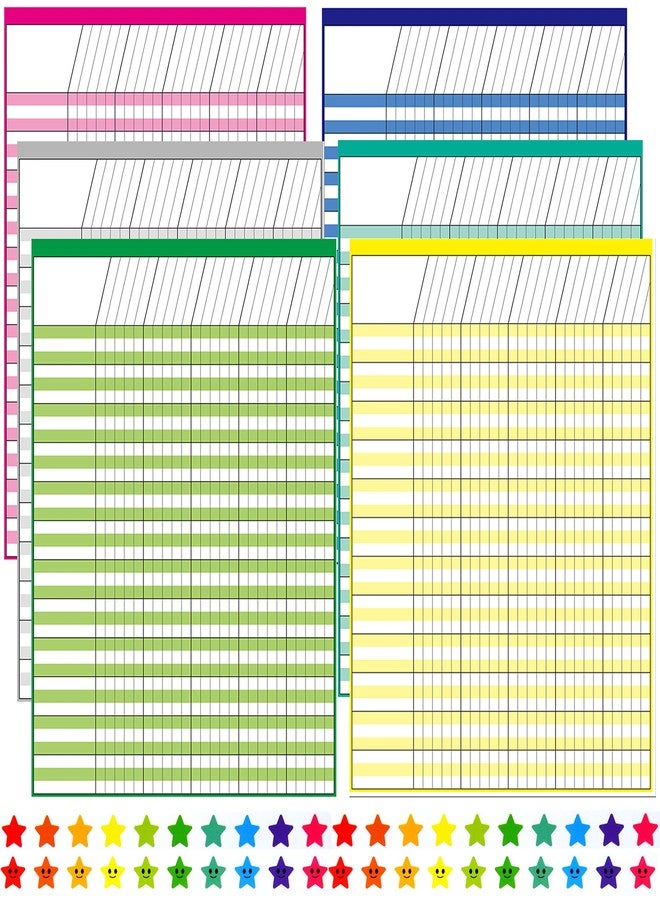 Youngever 6 Pack Multi-Color Laminated Dry Erase Incentive Chart with 120 Reward Star Stickers for Chore Responsibility, School Attendance, Homework Progress Tracking Chart (17 Inch x 22 Inch) - Image 1