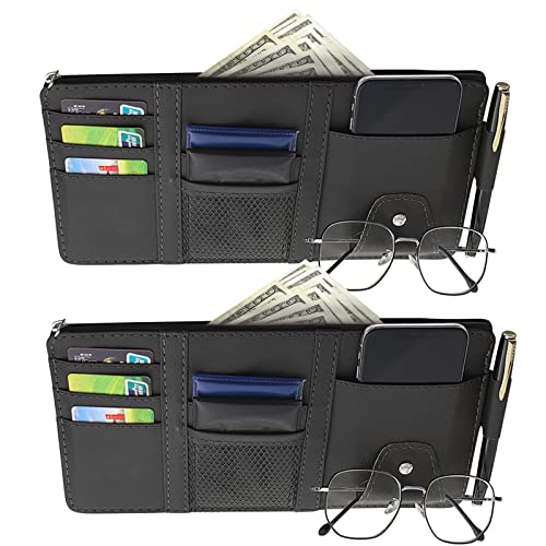 Aturmon 2 Packs Car Sun Visor Pocket Organizer for Car Truck, Car Visor Storage Pouch with Big Zipper Pocket, Card Sleeve Pocket Organizer, Drving License, Insurance, Sunglasses, Pen, Key, Phone, Lipstick - Image 1