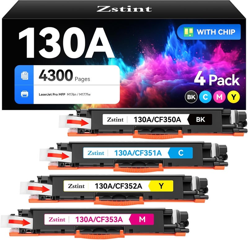 Zstint 130A Toner Cartridge Set（4-Pack Black Cyan Yellow Magenta） High Yield Replacement for HP 130A CF350A CF351A CF352A CF353A Compatible with HP Color Laserjet Pro MFP M176n M177fw Printer Ink M176 M177 - Image 1