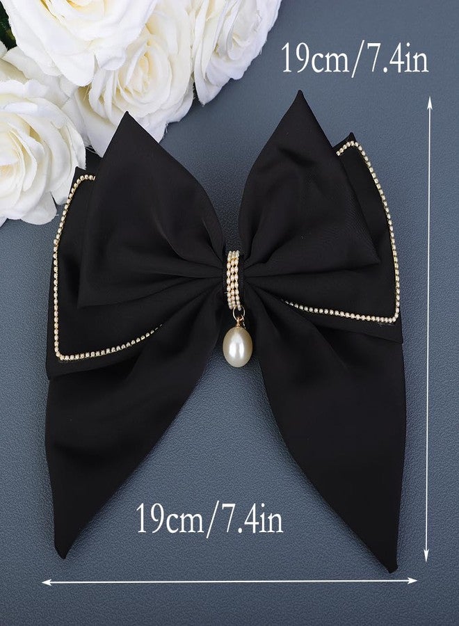 Jumwrit Black Satin Hair Bow Clip Shiny Rhinestone Pearl Bowknot Layered Hair Barrette with Long Tail Vintage Halloween Ponytail Holder Hair Accessories for Women Girls Birthday Party Gift (Style 2) - Image 5
