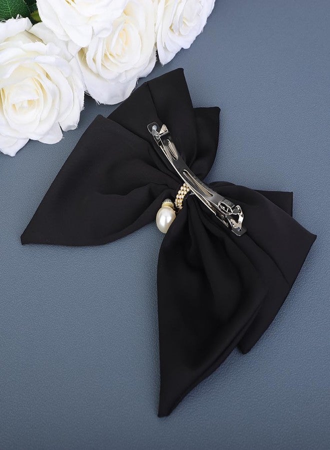 Jumwrit Black Satin Hair Bow Clip Shiny Rhinestone Pearl Bowknot Layered Hair Barrette with Long Tail Vintage Halloween Ponytail Holder Hair Accessories for Women Girls Birthday Party Gift (Style 2) - Image 3
