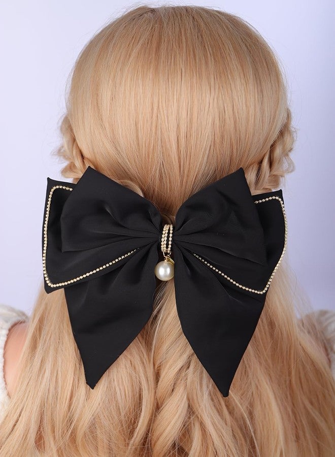 Jumwrit Black Satin Hair Bow Clip Shiny Rhinestone Pearl Bowknot Layered Hair Barrette with Long Tail Vintage Halloween Ponytail Holder Hair Accessories for Women Girls Birthday Party Gift (Style 2) - Image 1