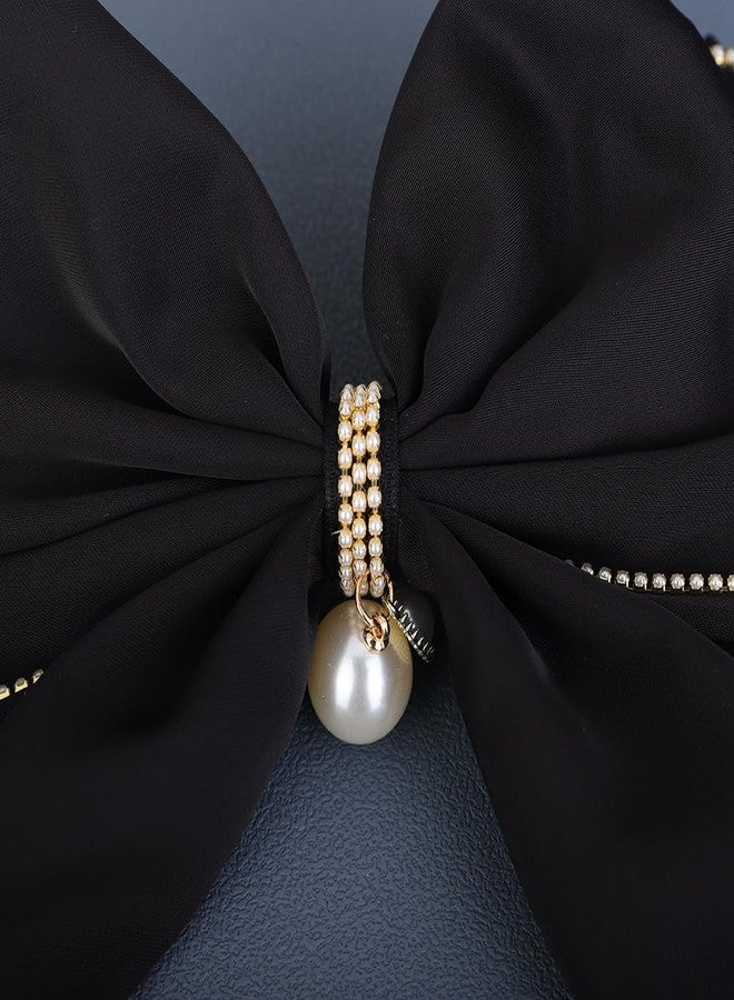 Jumwrit Black Satin Hair Bow Clip Shiny Rhinestone Pearl Bowknot Layered Hair Barrette with Long Tail Vintage Halloween Ponytail Holder Hair Accessories for Women Girls Birthday Party Gift (Style 2) - Image 4