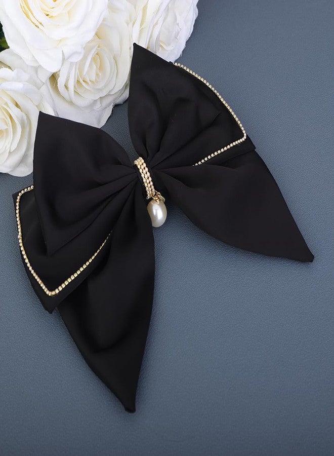 Jumwrit Black Satin Hair Bow Clip Shiny Rhinestone Pearl Bowknot Layered Hair Barrette with Long Tail Vintage Halloween Ponytail Holder Hair Accessories for Women Girls Birthday Party Gift (Style 2) - Image 2