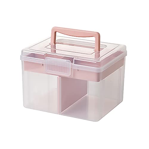 FOREVERIE Small Portable Plastic Storage Box for Beauty Ornaments Hair Nail Accessories Cosmetic Case with Handle Removable Tray a Divider Sewing Box Organizer Kids Art Box Clear Pink - Image 1