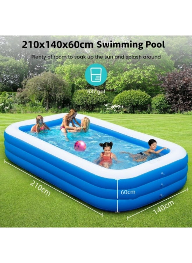 GGEROU Inflatable Swimming Pool,Inflatable Pool for Kids and Adults,Oversized Thickened Family Swimming Pool,3-layer Blue and White Inflatable Swimming Pool, 210*140*60cm  - Image 2