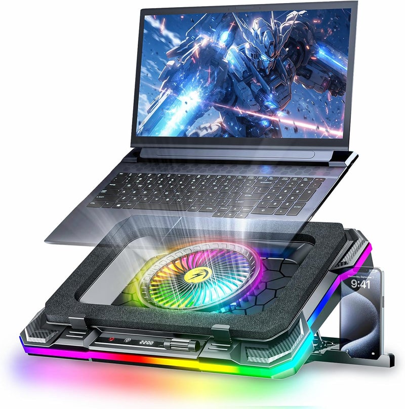 وسادة تبريد لأجهزة الكمبيوتر المحمولة للألعاب ، وسادة تبريد بمروحة خارجية RGB مقاس 5.5 بوصة، تبريد سريع لأجهزة الكمبيوتر المحمولة مقاس 15.6-19.3 بوصة، 8 حوامل ارتفاع، منفذا USB، حامل هاتف - K1 5V RGB - Image 1