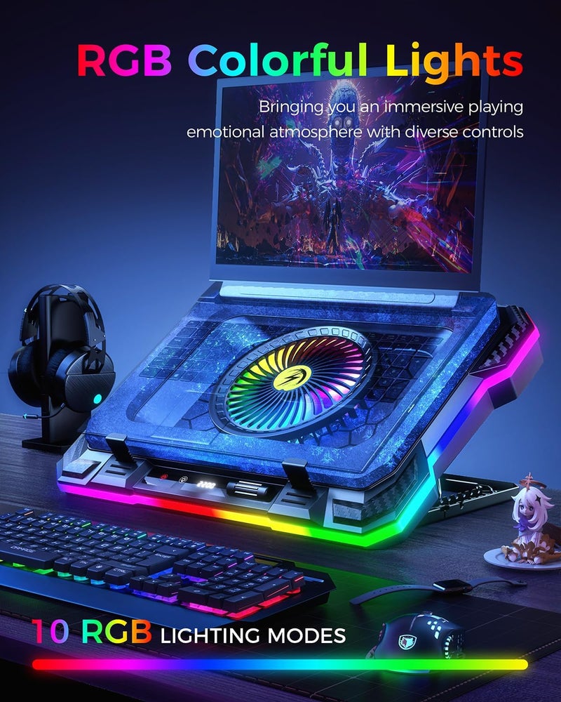وسادة تبريد لأجهزة الكمبيوتر المحمولة للألعاب ، وسادة تبريد بمروحة خارجية RGB مقاس 5.5 بوصة، تبريد سريع لأجهزة الكمبيوتر المحمولة مقاس 15.6-19.3 بوصة، 8 حوامل ارتفاع، منفذا USB، حامل هاتف - K1 5V RGB - Image 4