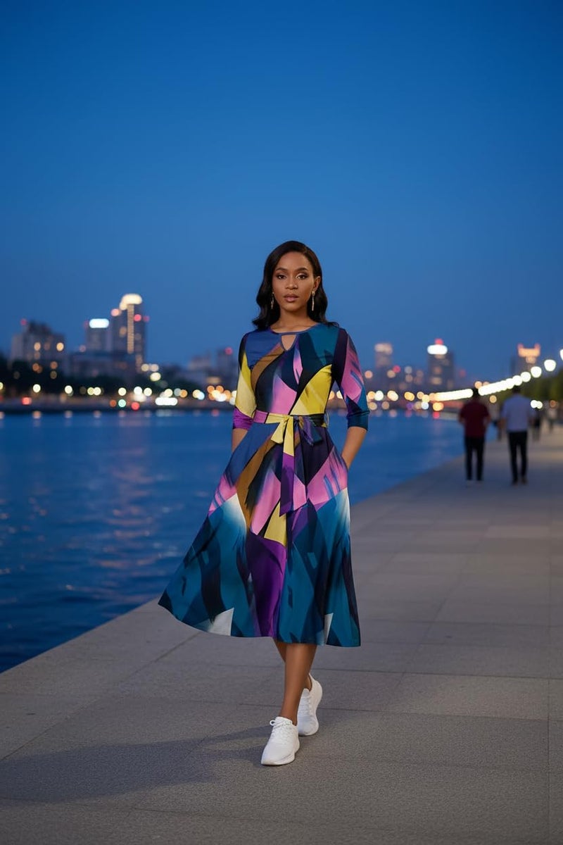 CLOCOR Casual Dresses for Women 3/4 Sleeve A Line Midi Dress Fit and Flare Party Cocktail Dresses Blue Purple M - Image 2
