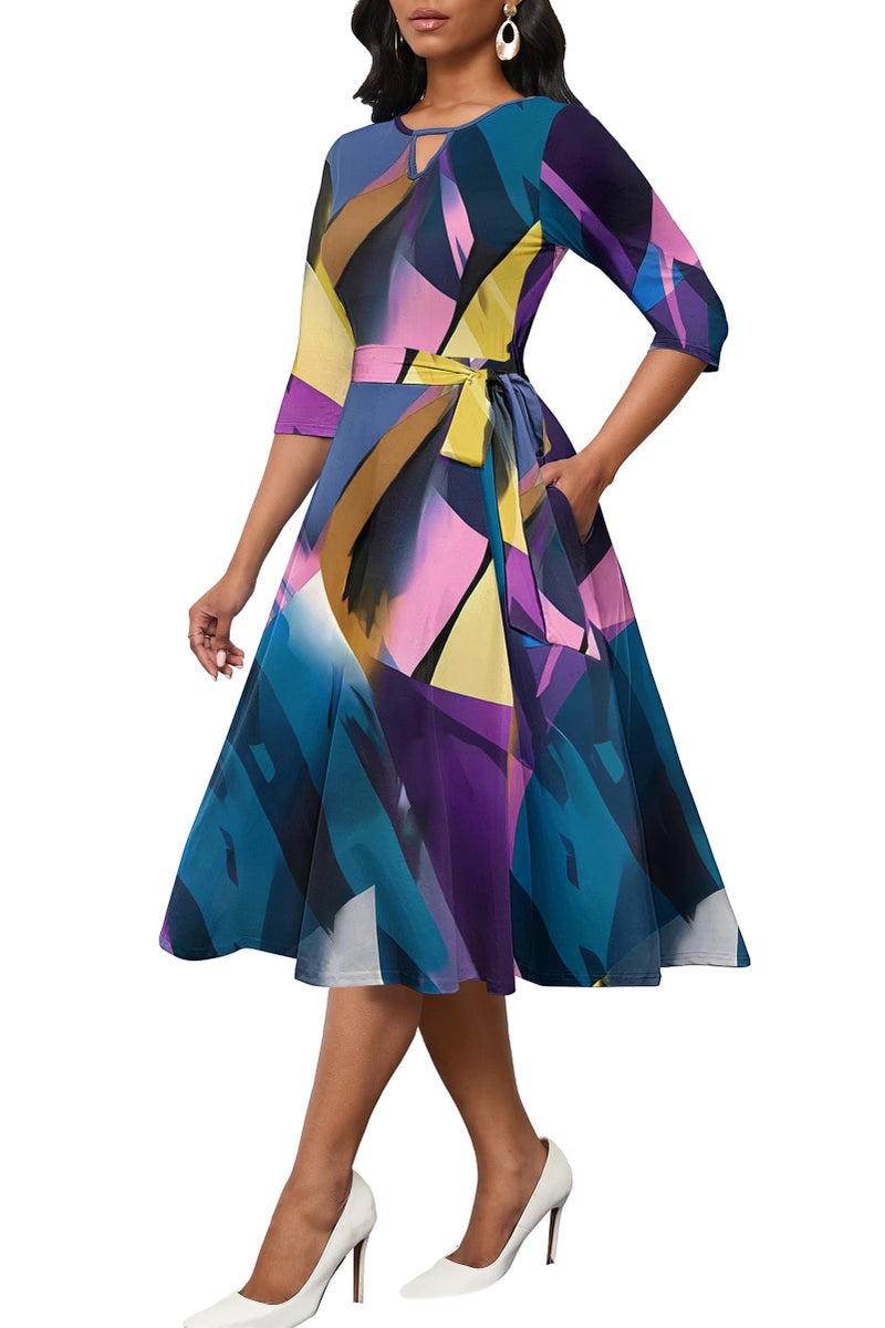 CLOCOR Casual Dresses for Women 3/4 Sleeve A Line Midi Dress Fit and Flare Party Cocktail Dresses Blue Purple M - Image 1