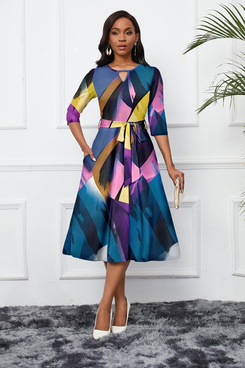 CLOCOR Casual Dresses for Women 3/4 Sleeve A Line Midi Dress Fit and Flare Party Cocktail Dresses Blue Purple M - Image 3