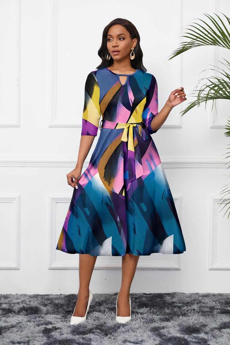CLOCOR Casual Dresses for Women 3/4 Sleeve A Line Midi Dress Fit and Flare Party Cocktail Dresses Blue Purple M - Image 4