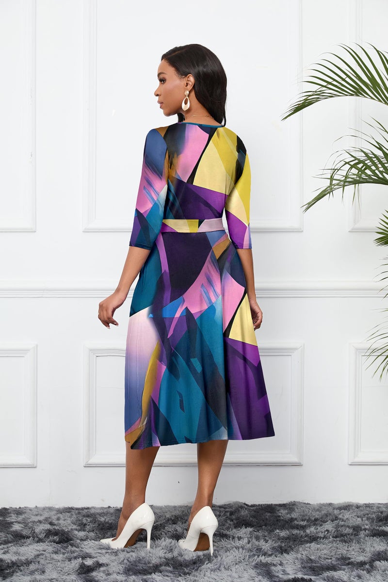 CLOCOR Casual Dresses for Women 3/4 Sleeve A Line Midi Dress Fit and Flare Party Cocktail Dresses Blue Purple M - Image 5
