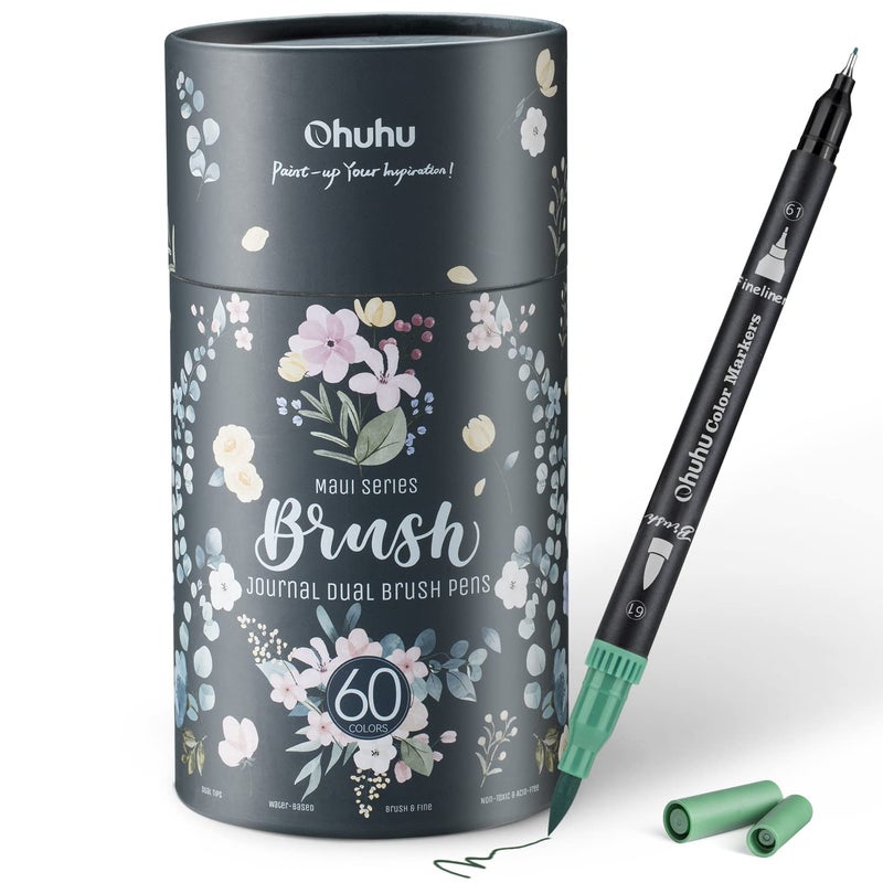 Ohuhu 60 Colours Art Markers Dual Tips Coloring Brush Fineliner Color Pens, Water Based Marker for Calligraphy Drawing Sketching Coloring Book Bullet Journal , Multicolor - Image 1