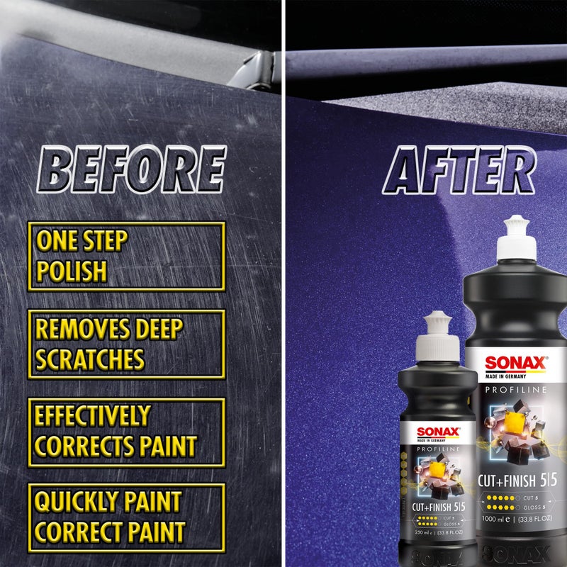 SONAX سونكس قطع وإنهاء 225300 | ملمع/مركب عالي الأداء | تقييم 5 قطع و 5 لمعان | يزيل عيوب الطلاء، علامات صنفرة P1500 وبقع الماء | وقت عمل طويل وسهولة في المسح | خالي من السيليكون | 1000 مل - Image 2