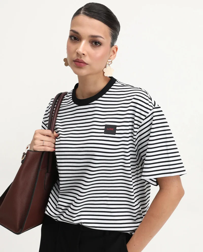 Rareism Women's Striped Crew Neck Oversized T-Shirt