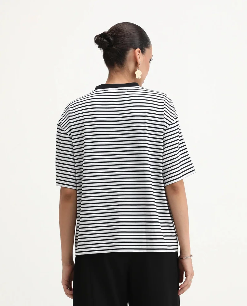 Rareism Women's Striped Crew Neck Oversized T-Shirt
