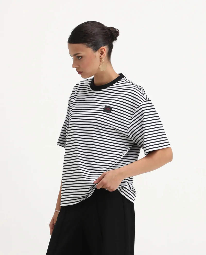 Rareism Women's Striped Crew Neck Oversized T-Shirt