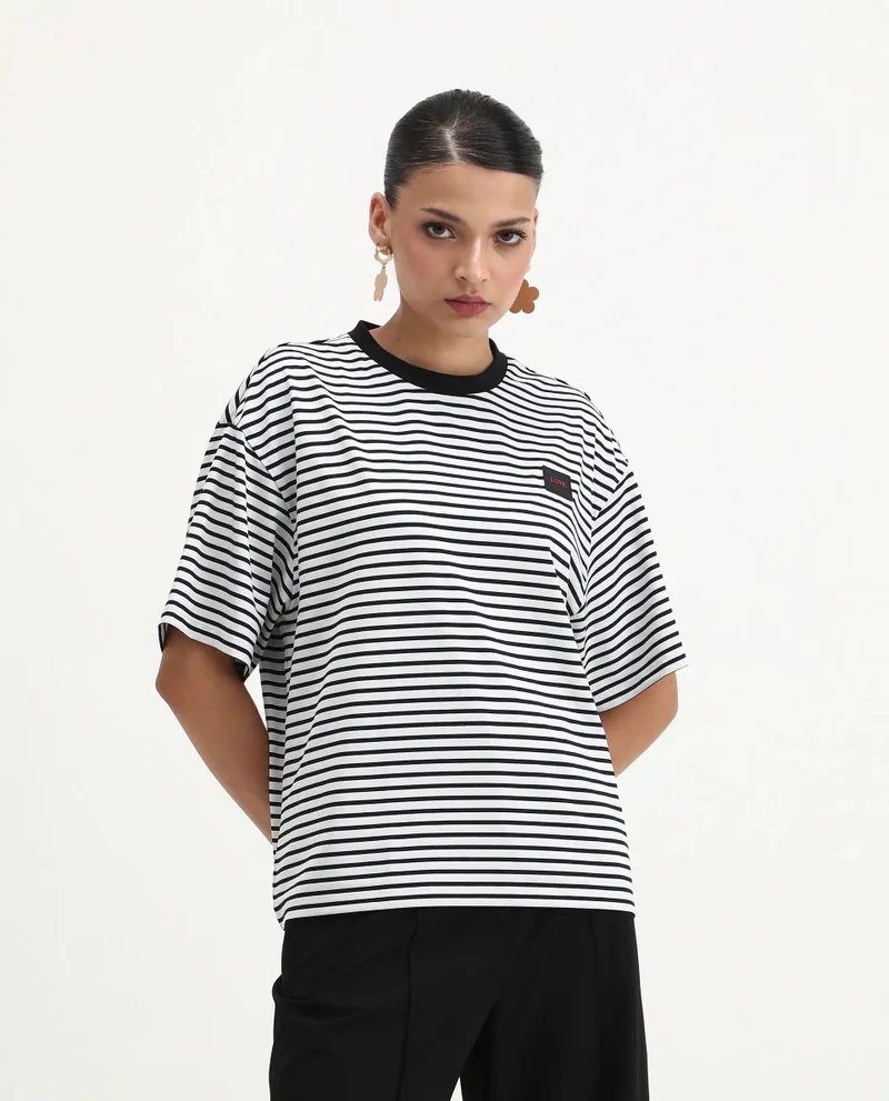 Rareism Women's Striped Crew Neck Oversized T-Shirt